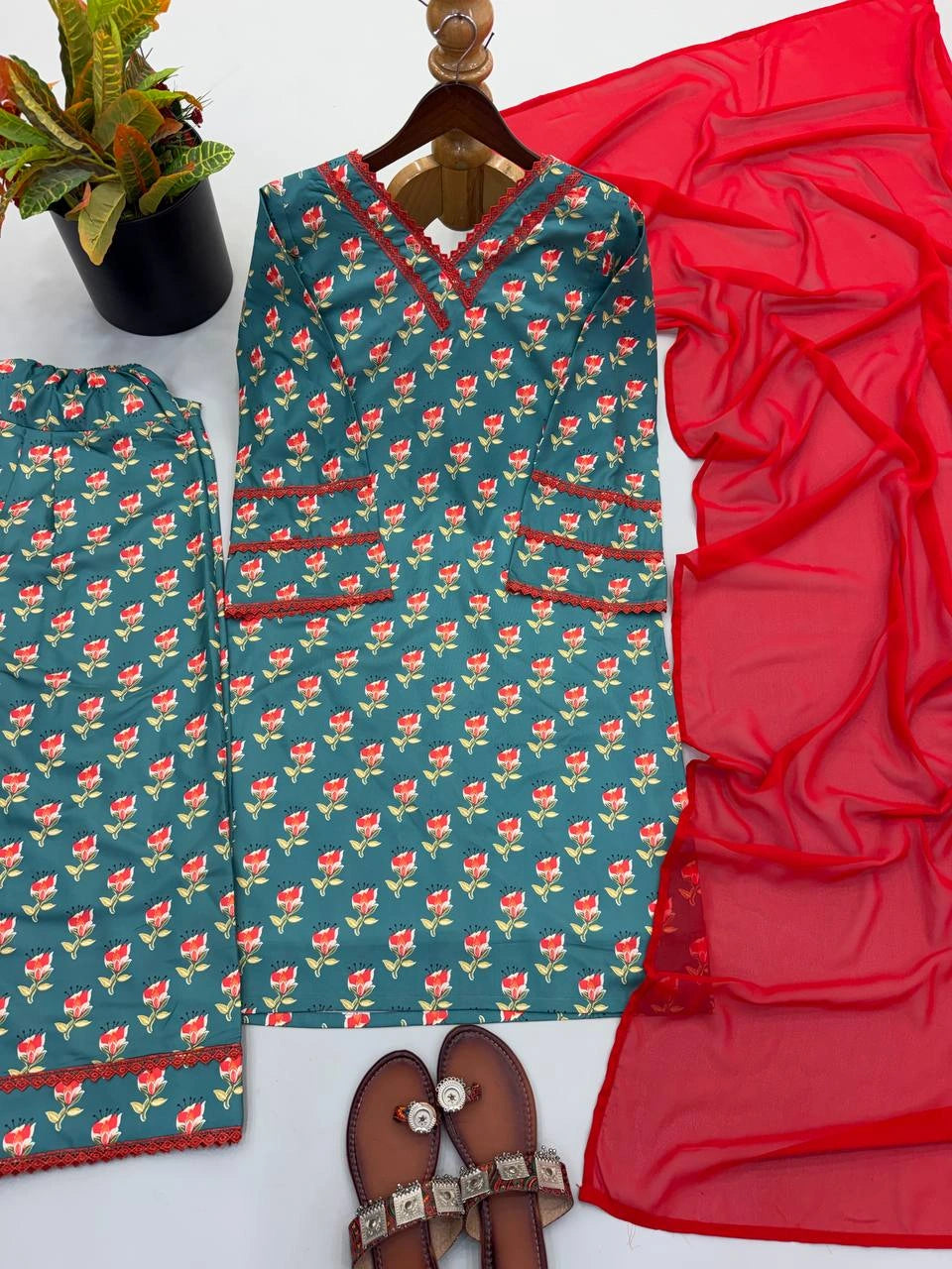 Teal Green Digital Floral Print Farshi Suit flat lay detail shot – Kalyanja KU303